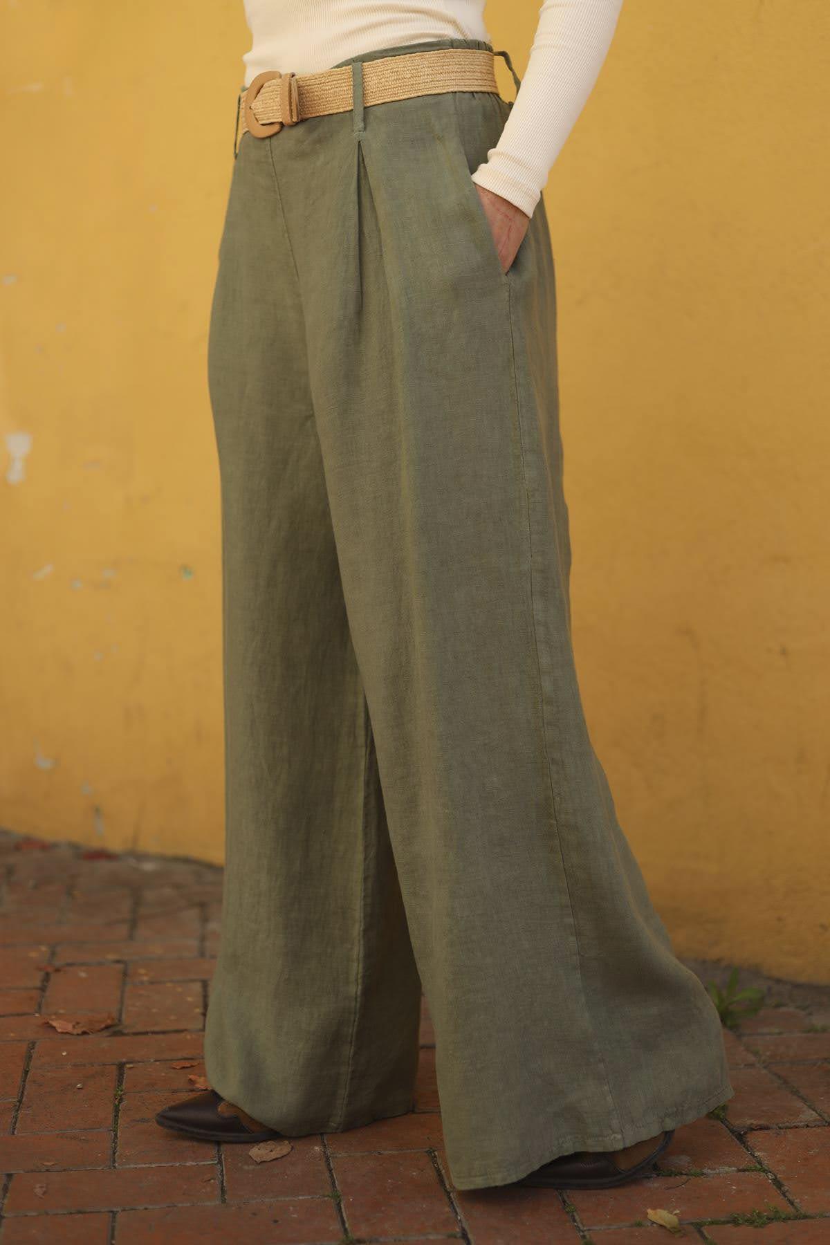Khaki Linen Palazzo Pants