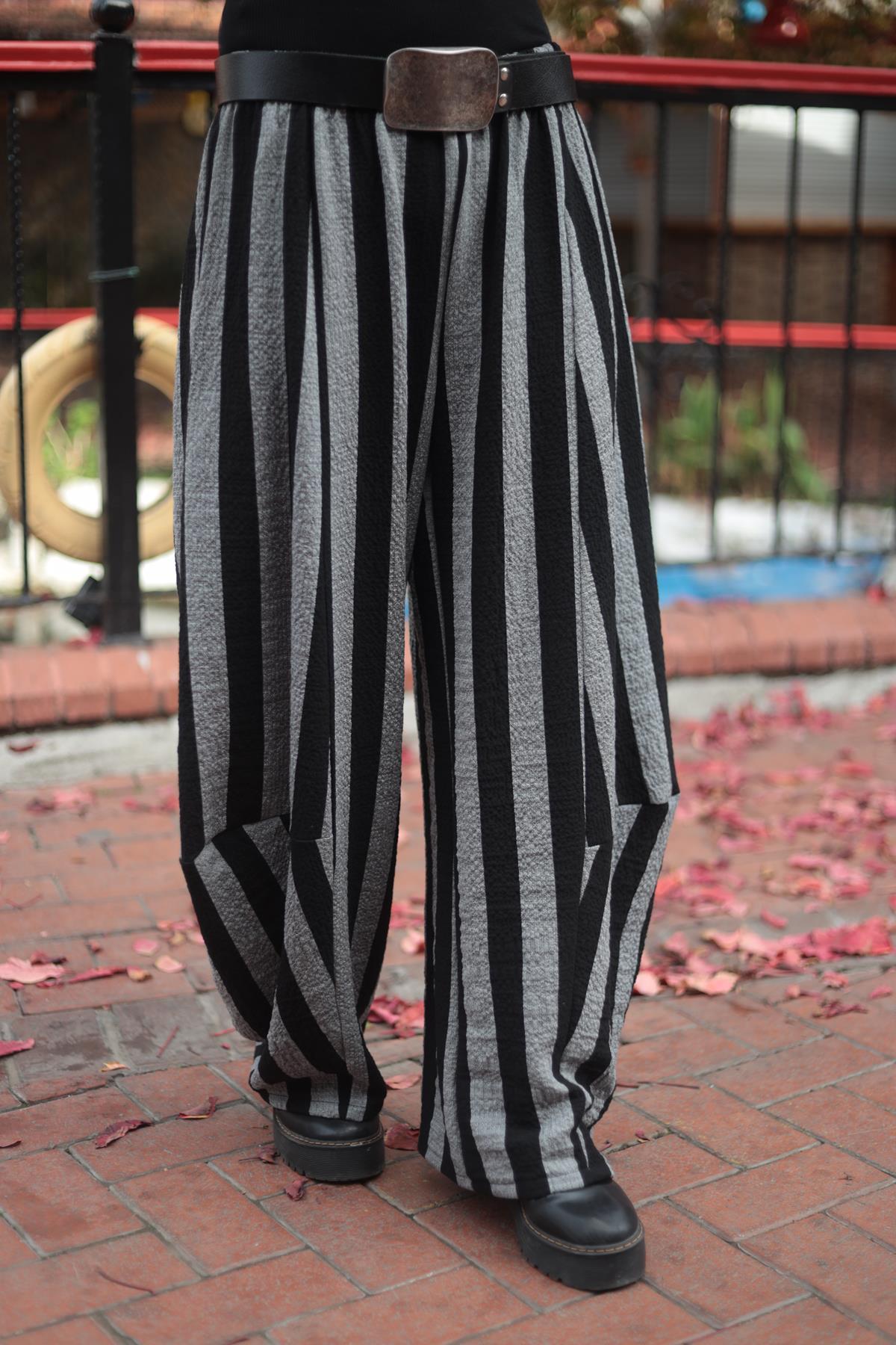 Gri Siyah Kalın Çizgili Pantolon