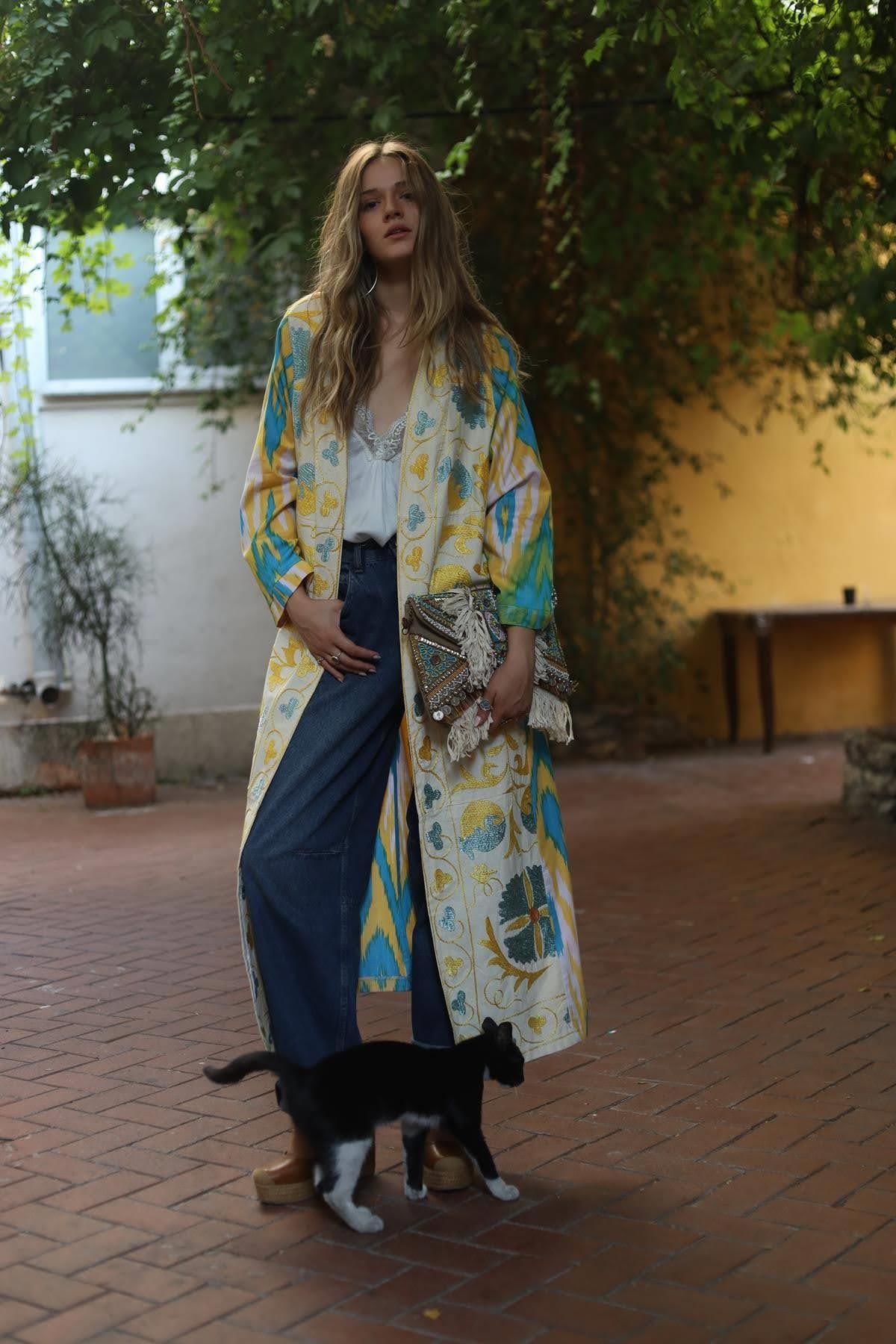 Sarı Etnik İşlemeli Suzani Kaftan