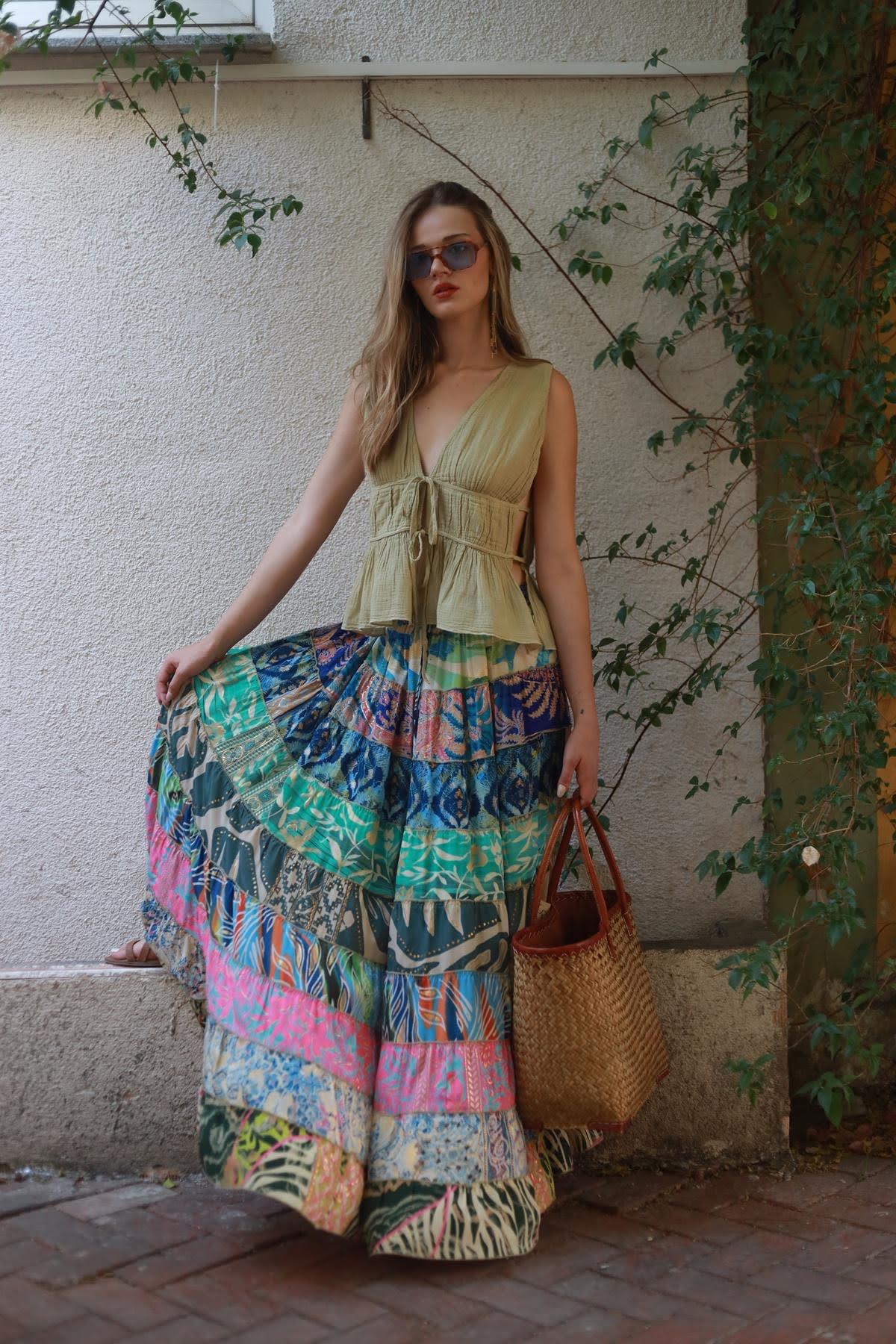 Renkli Patchwork Otantik İpek Etek