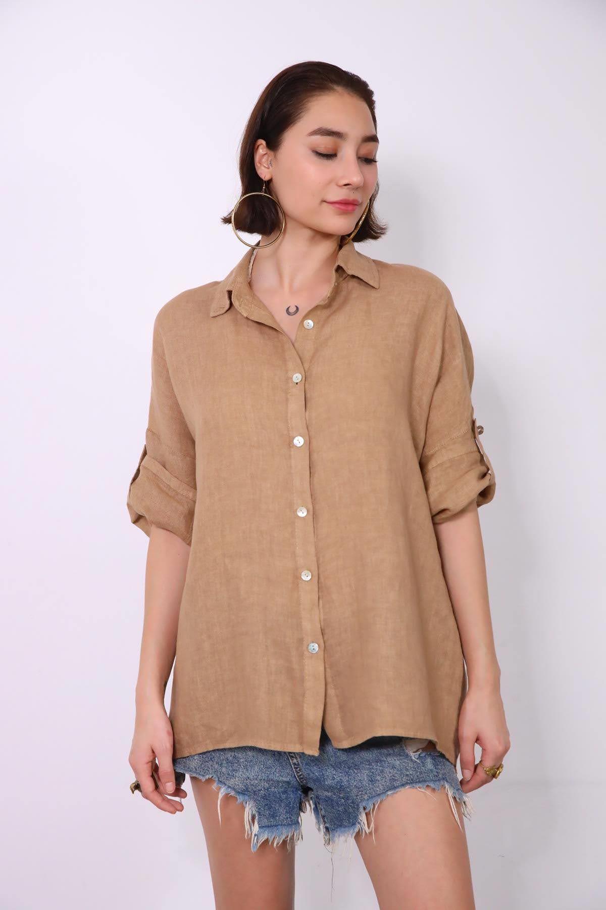  Camel Rengi Kolları Apoletli Keten Gömlek