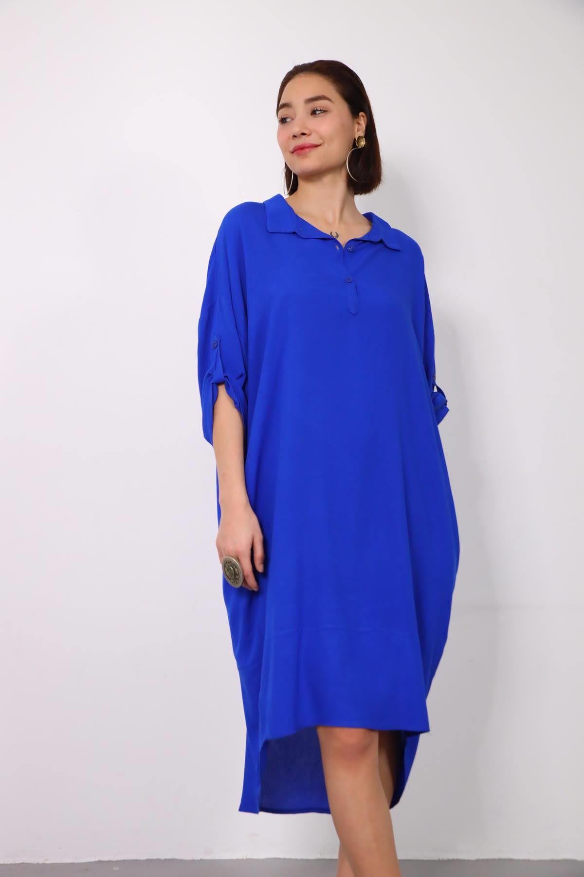 Saks Mavisi Fitilli Arkası Halkalı Elbise - Şaman Butik Saks Mavisi Fitilli Arkası Halkalı Elbise