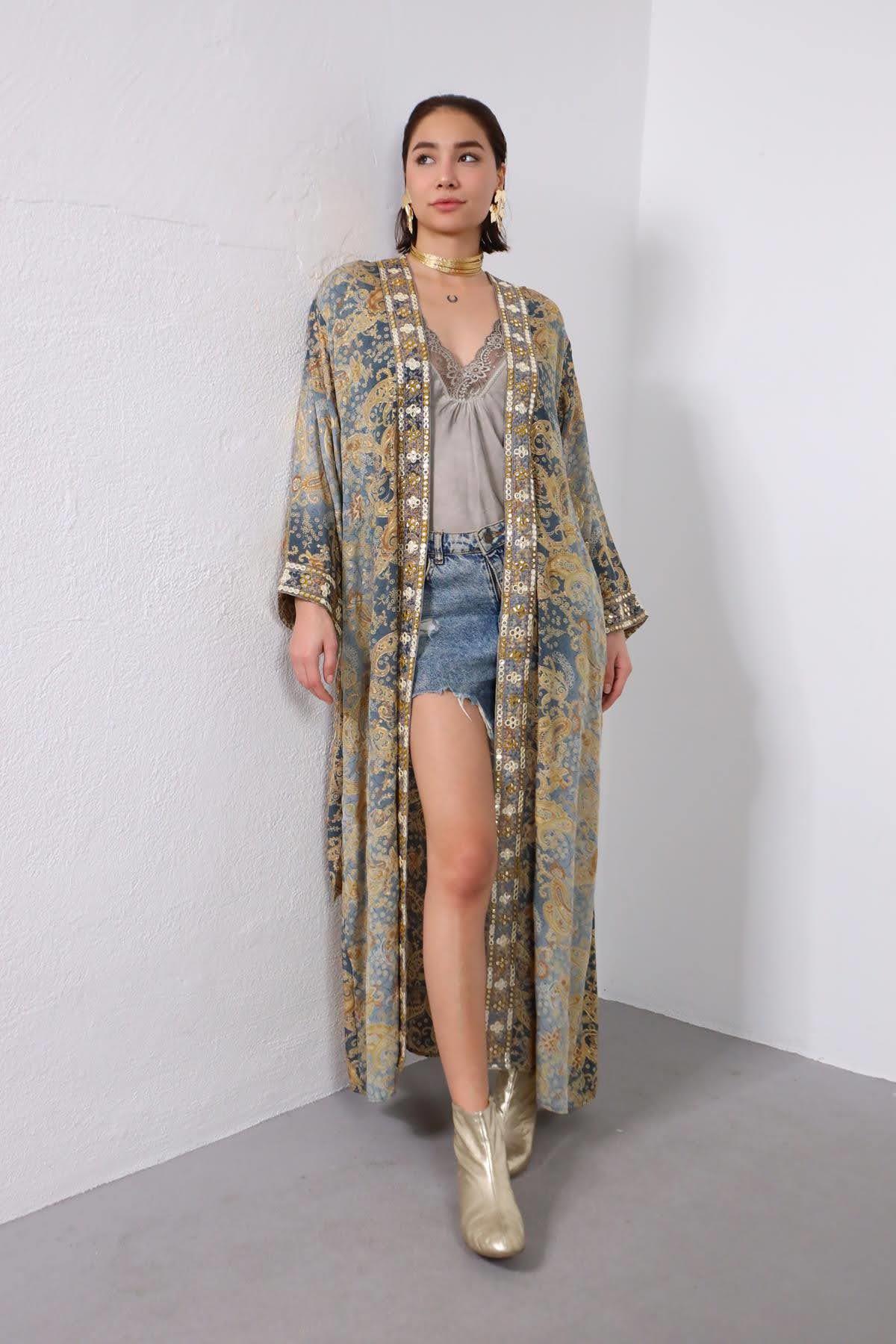 Gri Ayna İşlemeli Otantik İpek Kimono - Şaman Butik Gri Ayna İşlemeli Otantik İpek Kimono