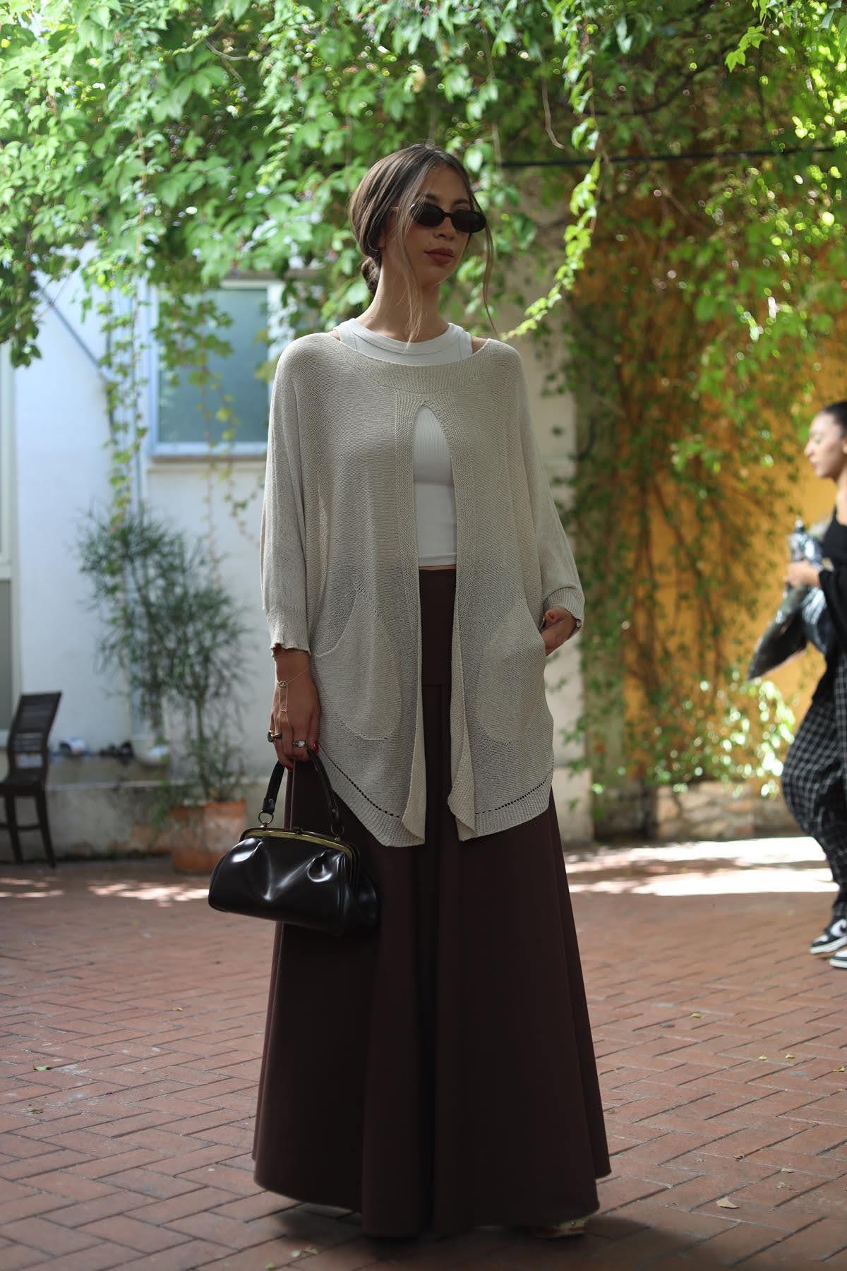 Taş Rengi Önü Yırtmaçlı Cepli Triko Tunik