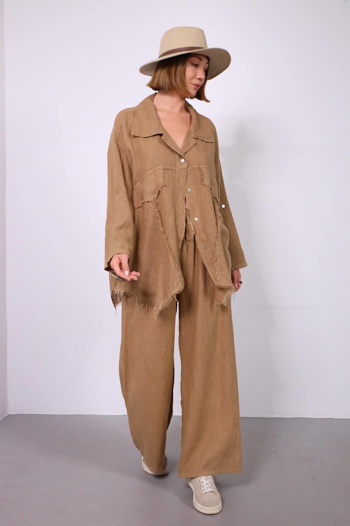  Camel Rengi Püsküllü Dikiş Detaylı Gömlek Pantolon Keten Takım