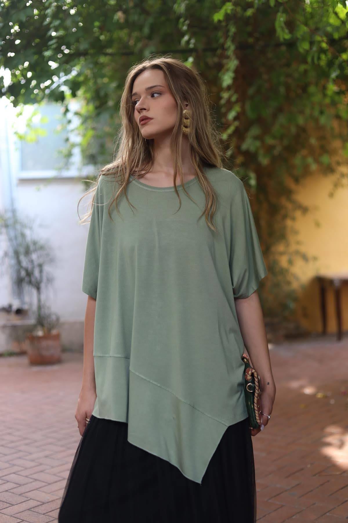 Çağla Yeşili Altı Parçalı Kısa Kollu Bluz