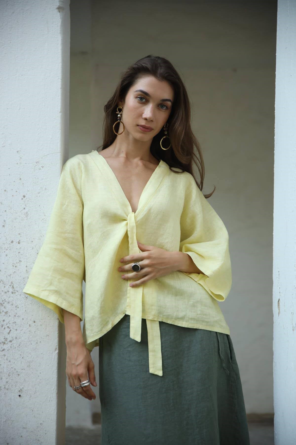 Butter Yellow Önü Bağlamalı Keten Ceket