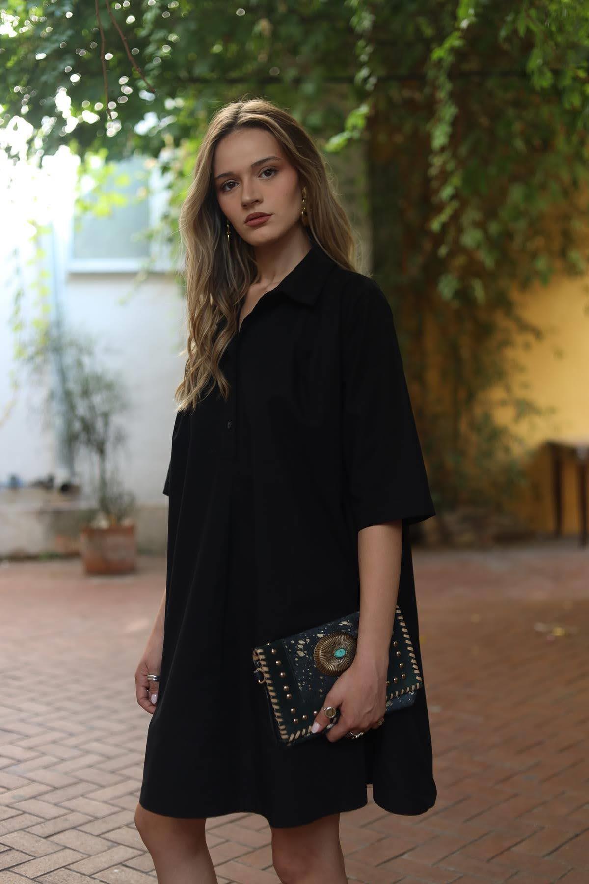 Siyah Yarım Düğmeli Kısa Gömlek Elbise