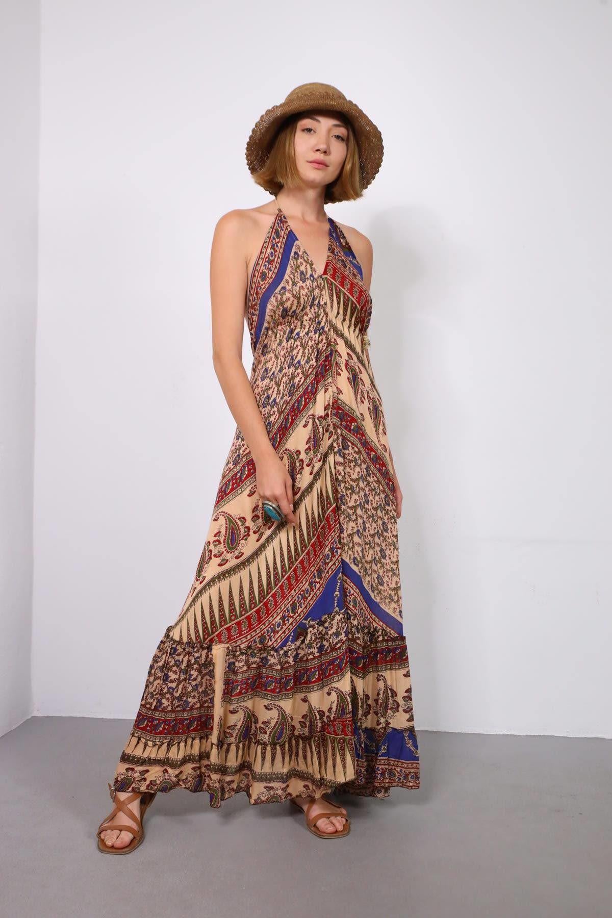 Lacivert Sırt Dekolteli Desenli Askılı Elbise - Şaman Butik Lacivert Sırt Dekolteli Desenli Askılı Elbise