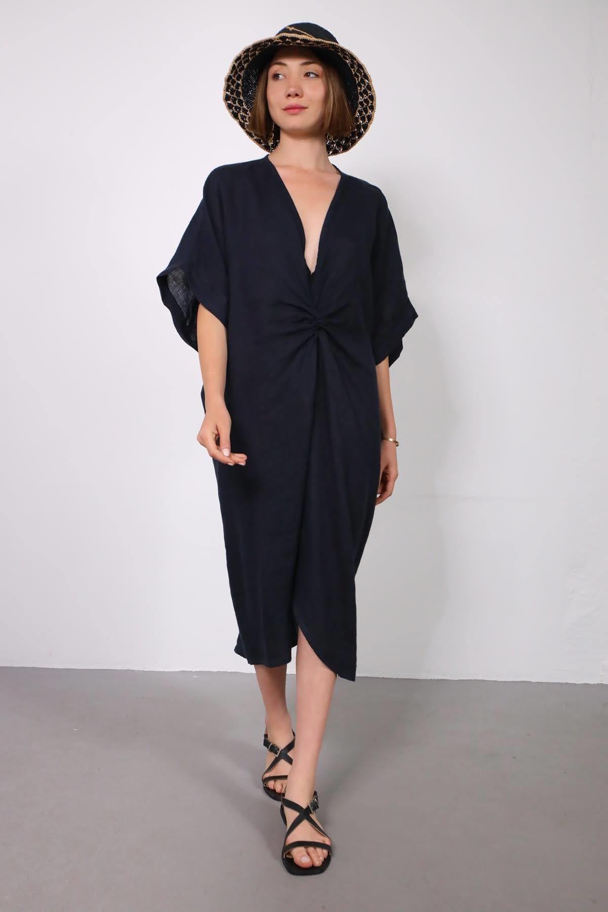 Lacivert Önü Büzgülü Keten Elbise - Şaman Butik Lacivert Önü Büzgülü Keten Elbise