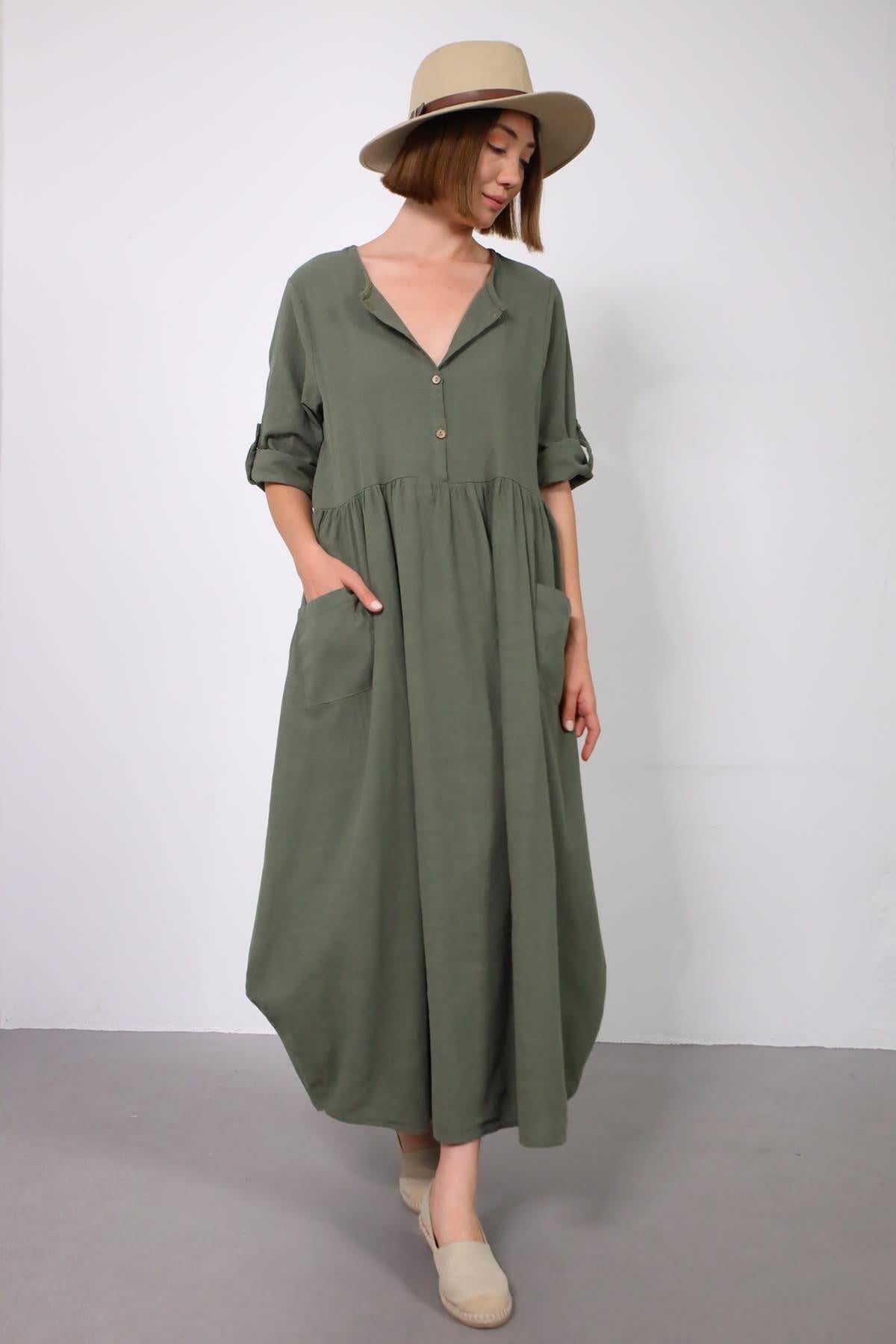 Haki Yakası Düğmeli Çift Cepli Keten Balon Elbise - Şaman Butik Haki Yakası Düğmeli Çift Cepli Keten Balon Elbise