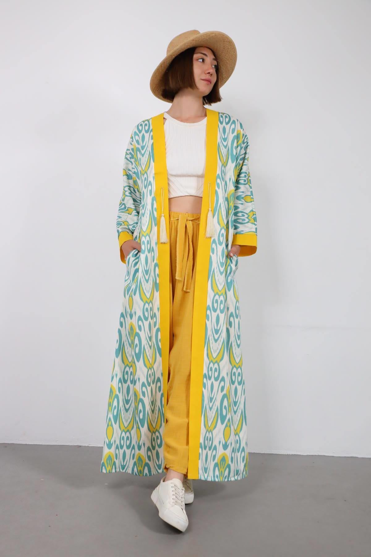 Hardal Rengi Desenli Yanları Yırtmaçlı Kimono - Şaman Butik Hardal Rengi Desenli Yanları Yırtmaçlı Kimono