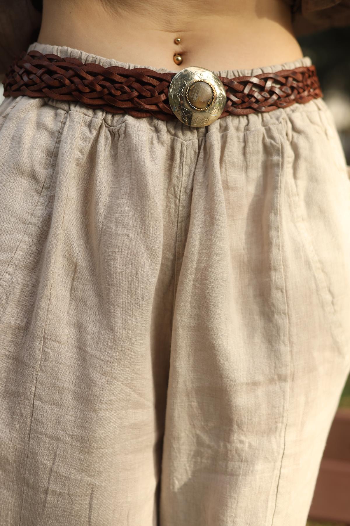 Kahverengi Tokası Taş Detaylı Deri Dokuma Kemer