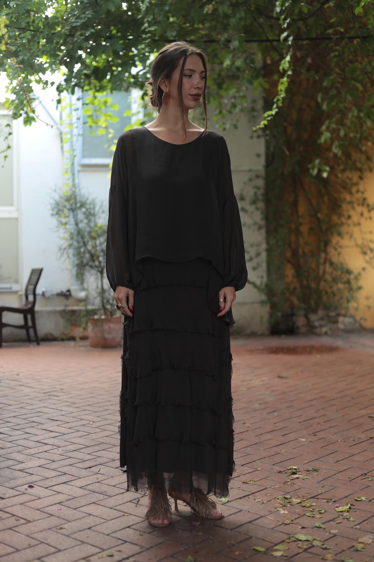 Kahverengi Bluz Detaylı Katlı İpek Elbise