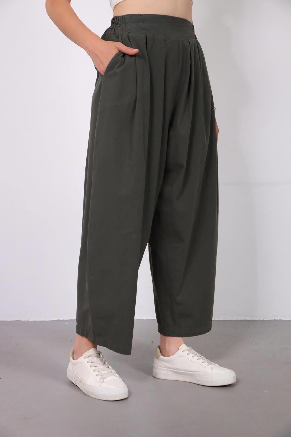 Haki Önden Pileli Salaş Pantolon - Şaman Butik Haki Önden Pileli Salaş Pantolon