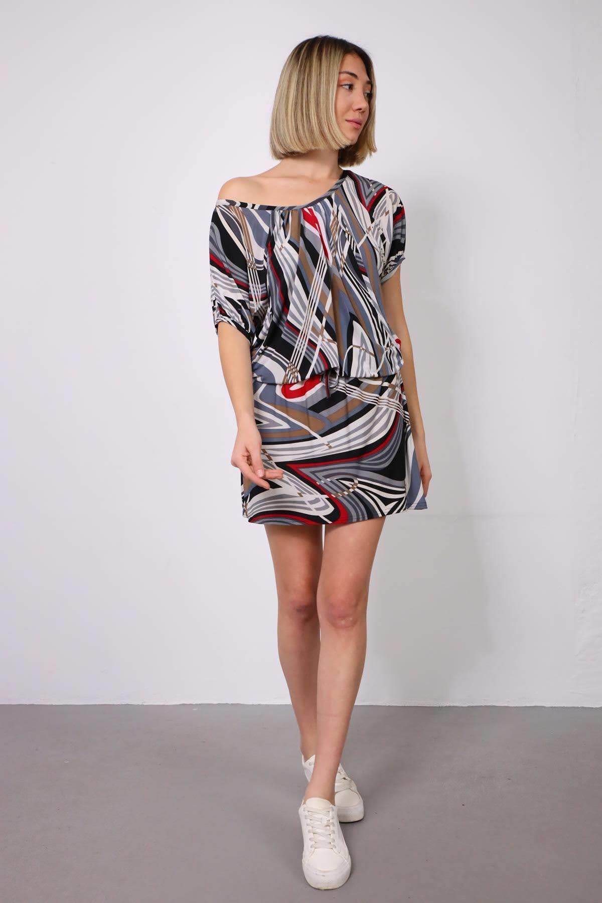 Gri Renkli Desenli Bel Bağlamalı Elbise - Şaman Butik Gri Renkli Desenli Bel Bağlamalı Elbise