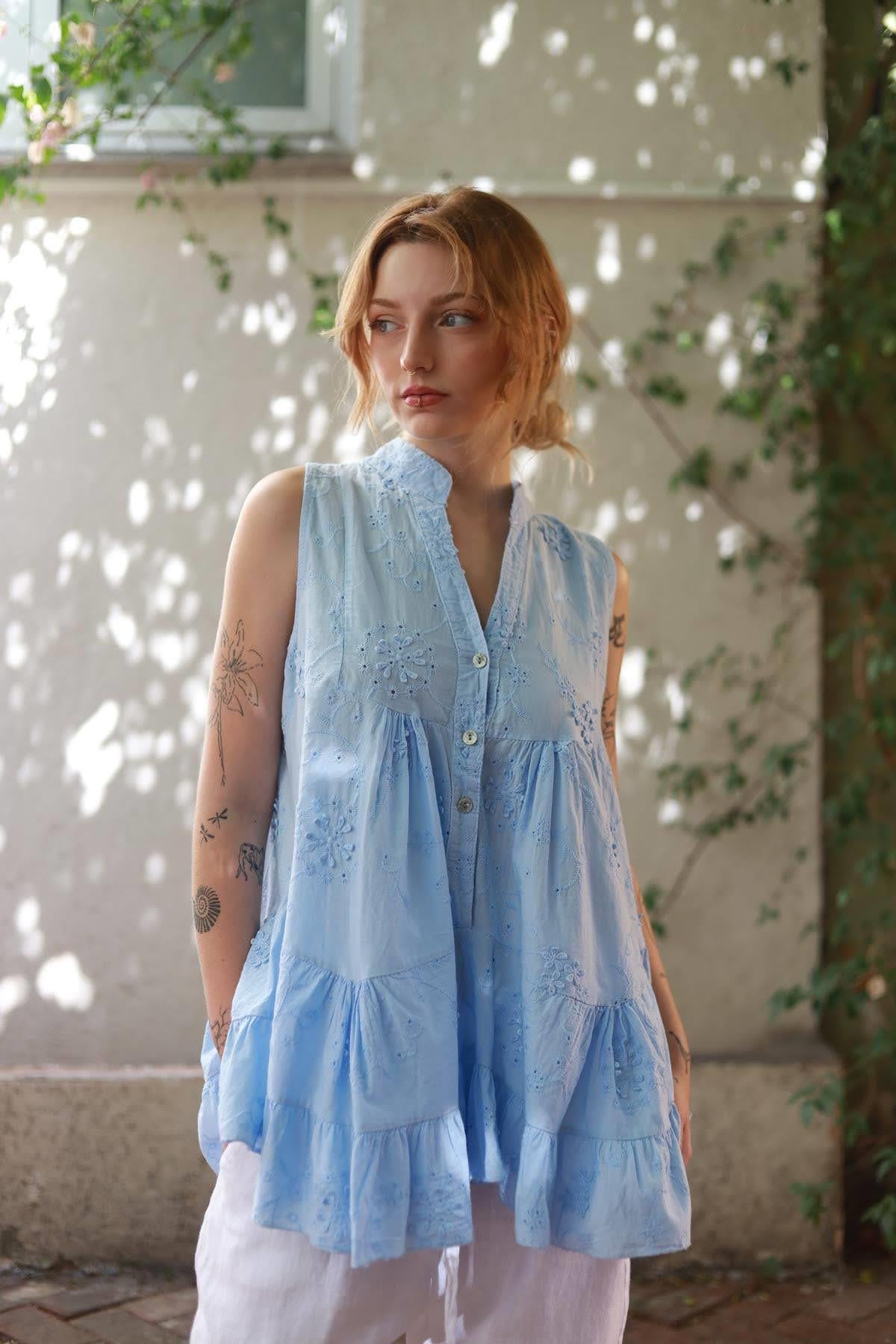 Blue Floral Embroidered Short Tunic