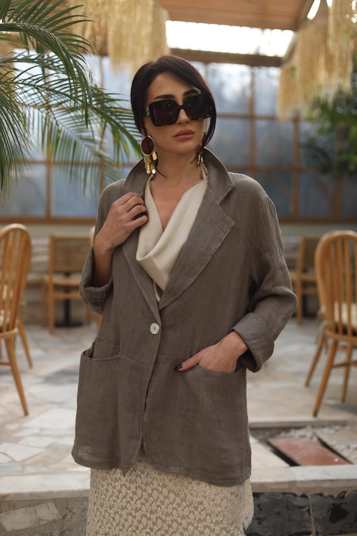 Vizon Rengi Cepli Tek Düğmeli Keten Ceket