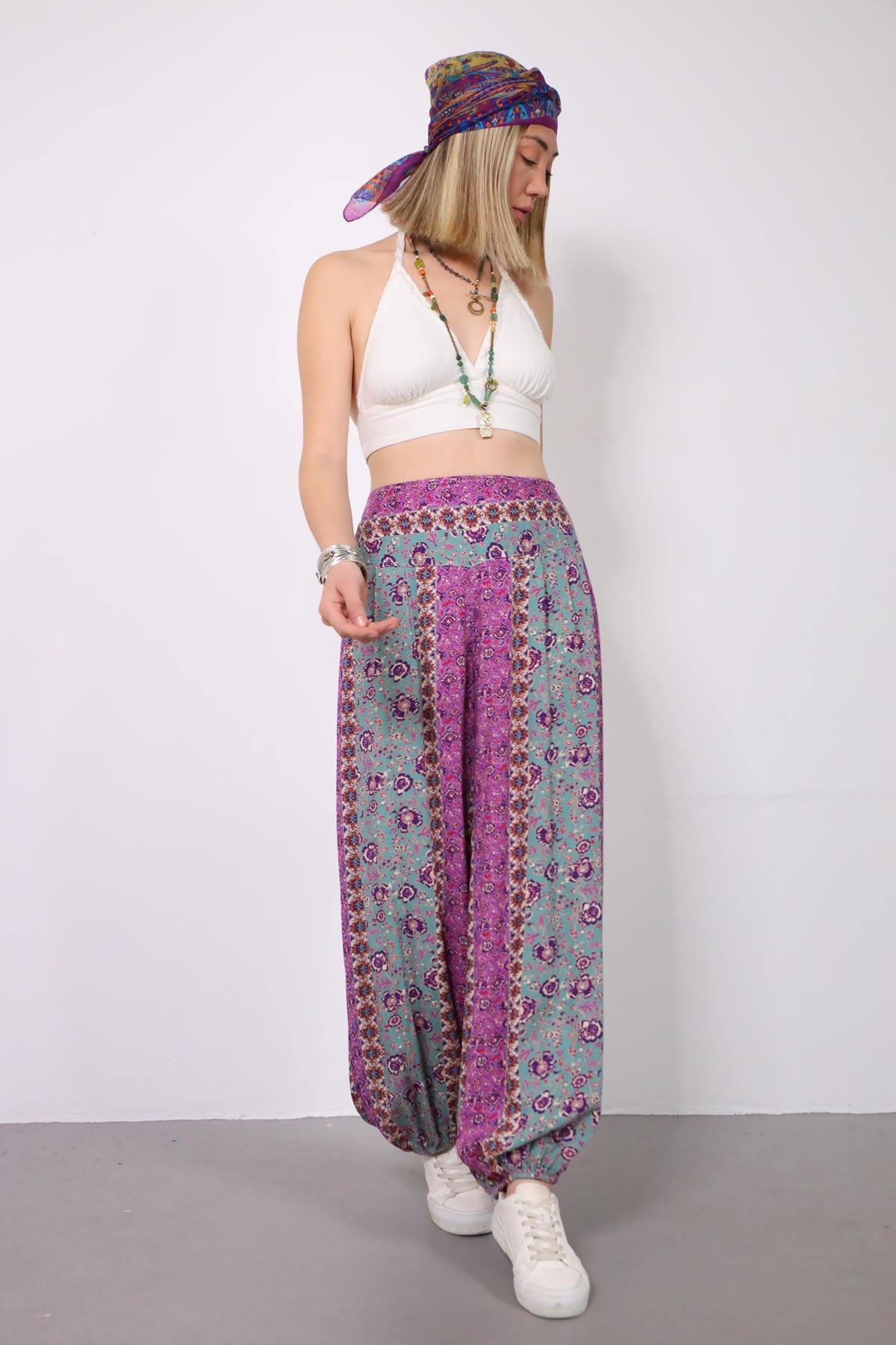 Purple Floral Patterned Elastic Waist Comfy Trousers - Saman Butik | Shop Online Purple Floral Patterned Elastic Waist Comfy Trousers