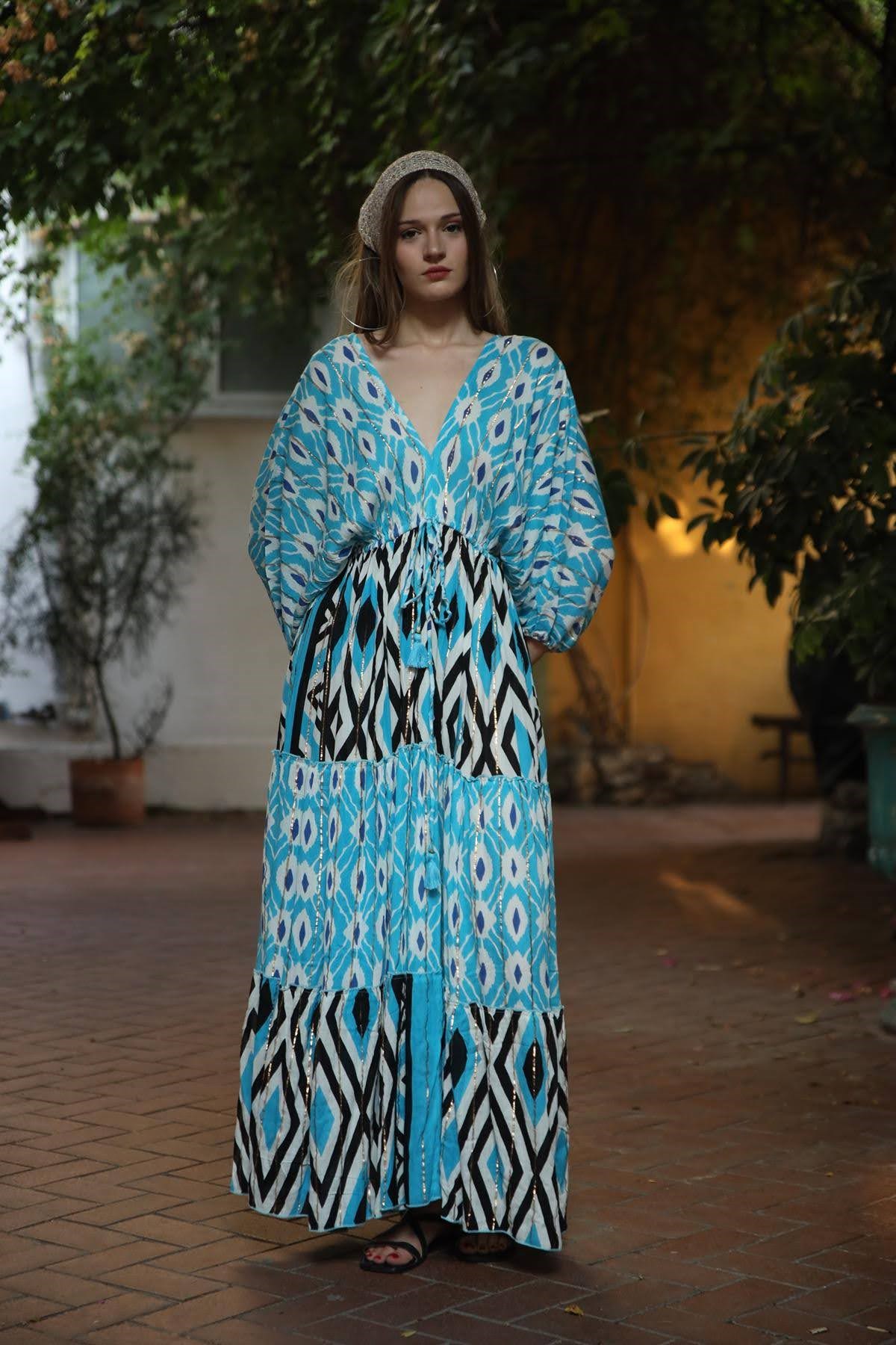 Turquoise Patterned V Neck Dress