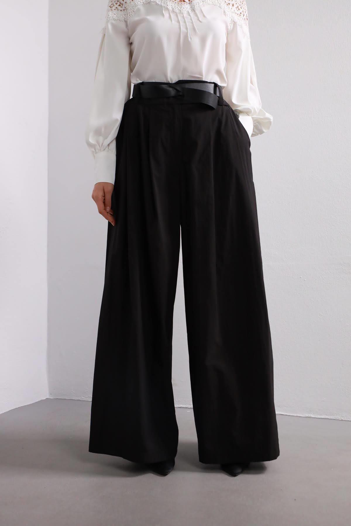 Siyah Pileli Paraşüt Kumaş Bol Pantolon - Şaman Butik Siyah Pileli Paraşüt Kumaş Bol Pantolon