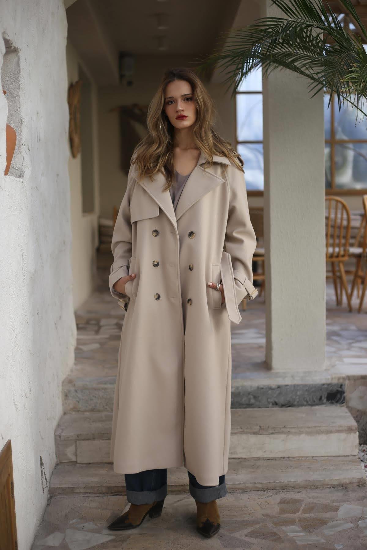 Taş Rengi Kemerli Uzun Trençkot