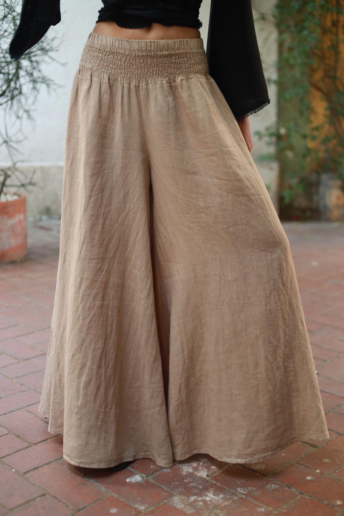 Sütlü Kahve Geniş Paça Beli Gipeli Keten Pantolon