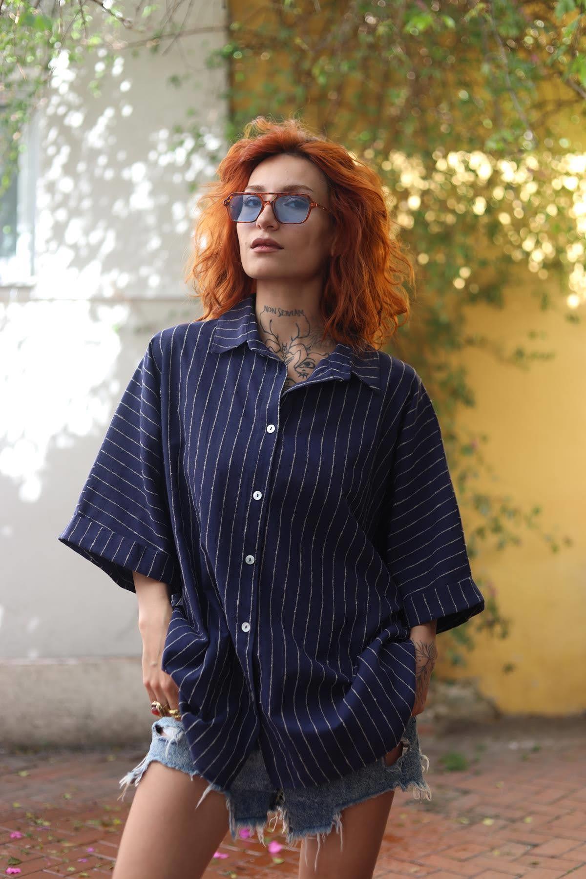 Navy Blue Striped Linen Shirt