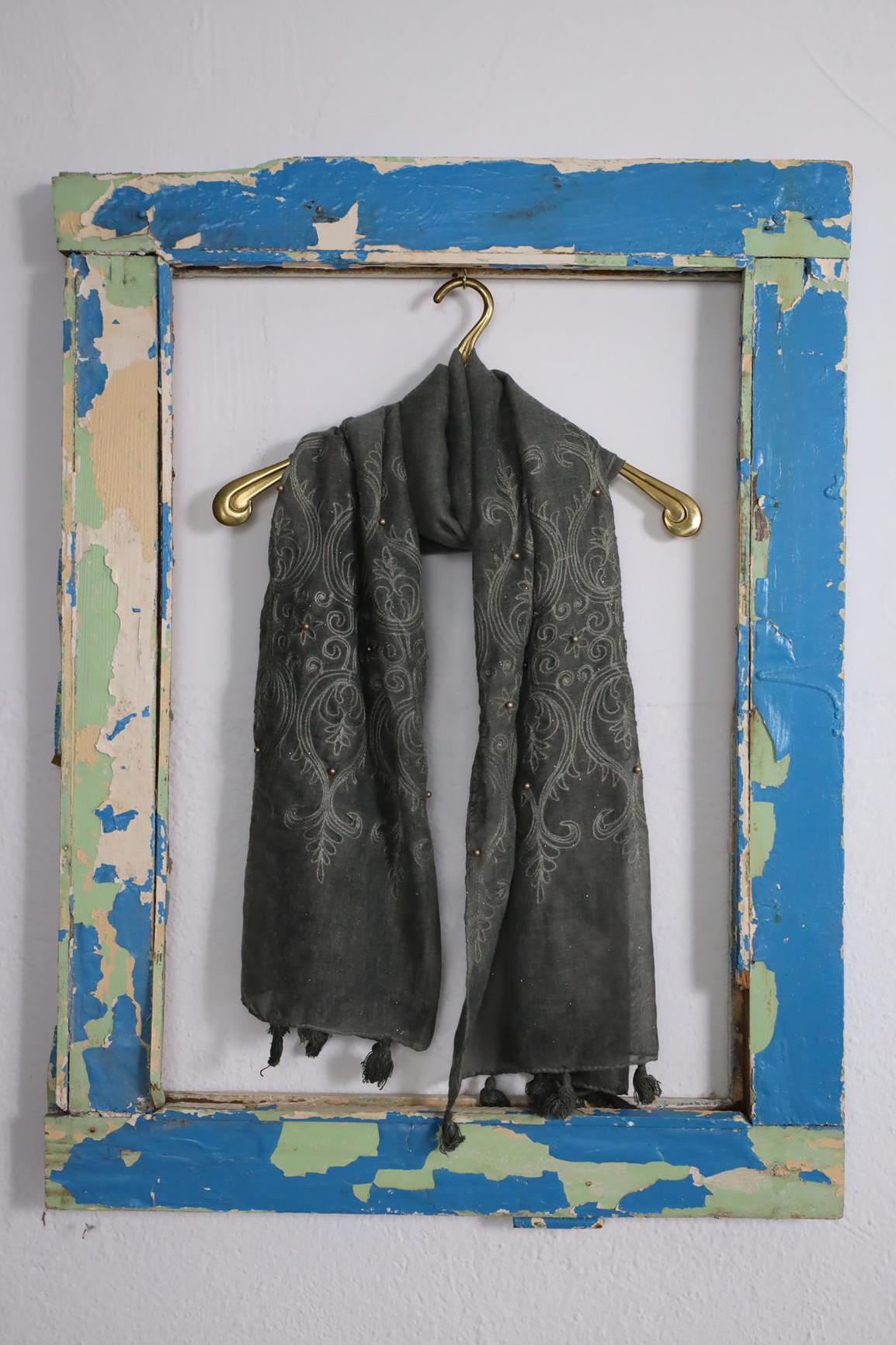 Yağ Yeşili Simli İnci İşlemeli Şal - Şaman Butik Yağ Yeşili Simli İnci İşlemeli Şal