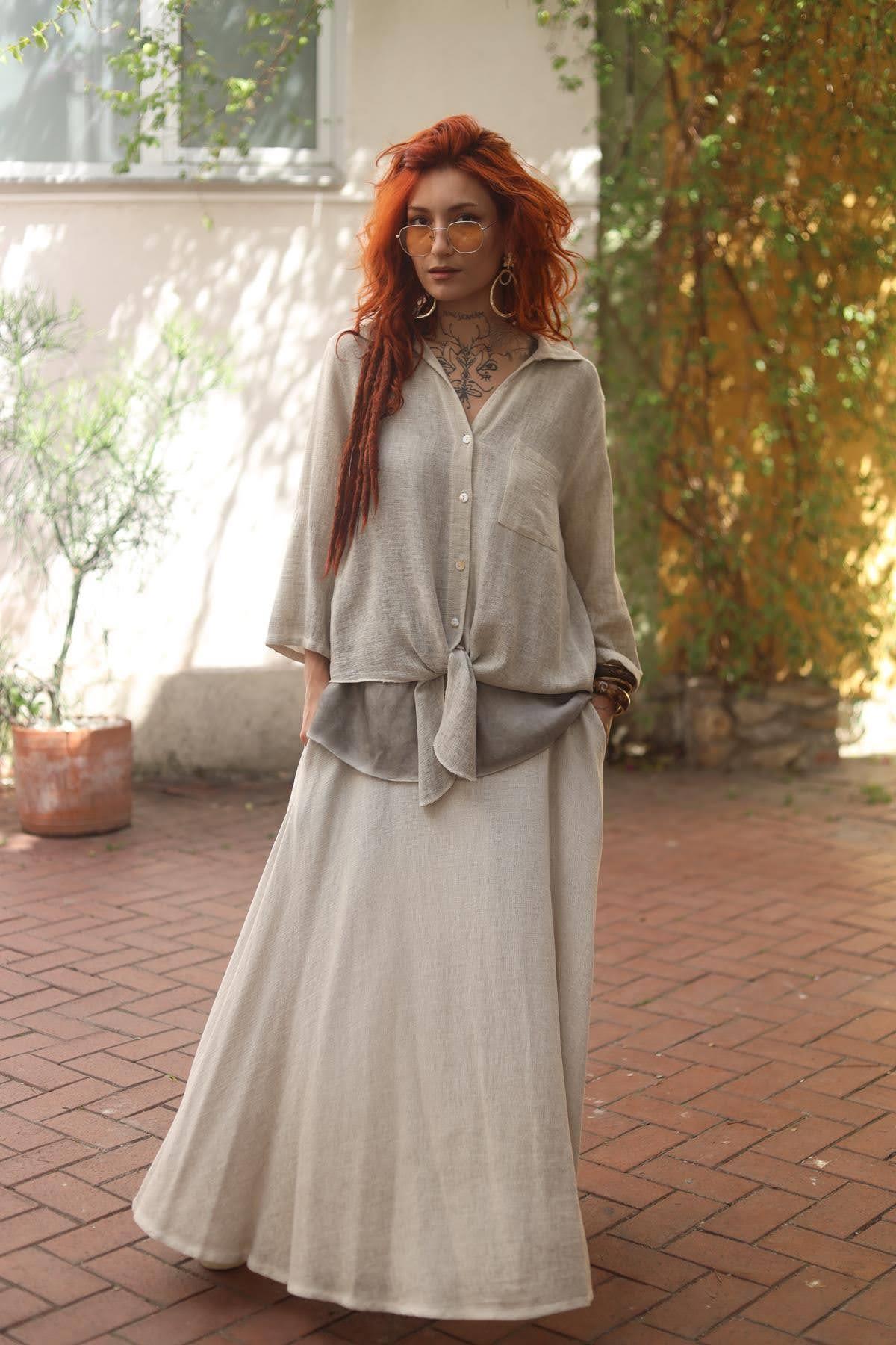 Cream Color Pocket Detailed Linen Shirt 