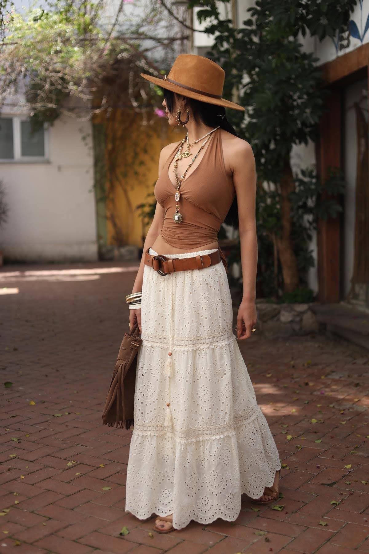 Krem Rengi Püsküllü Güpür Etek