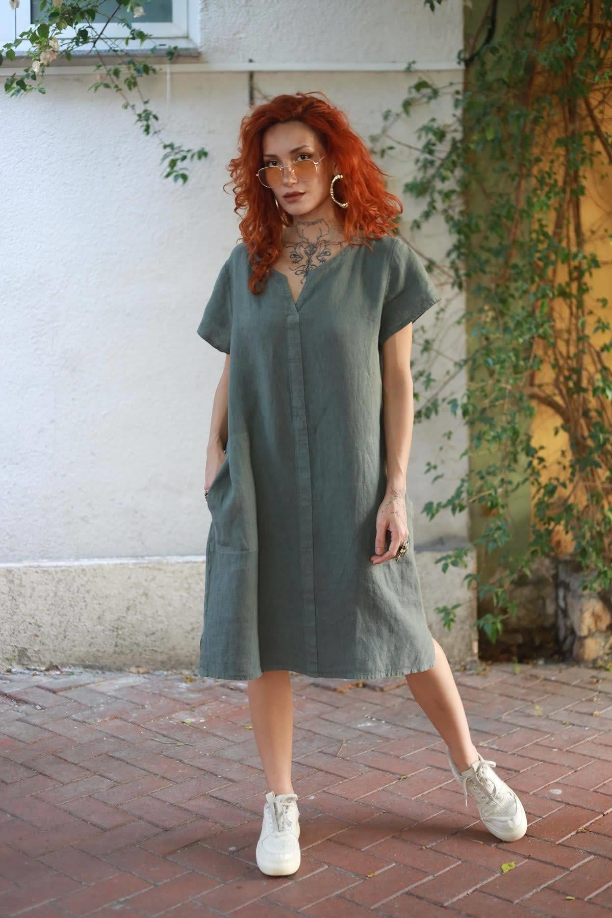 Haki Önü Dikişli Cepli Midi Keten Elbise