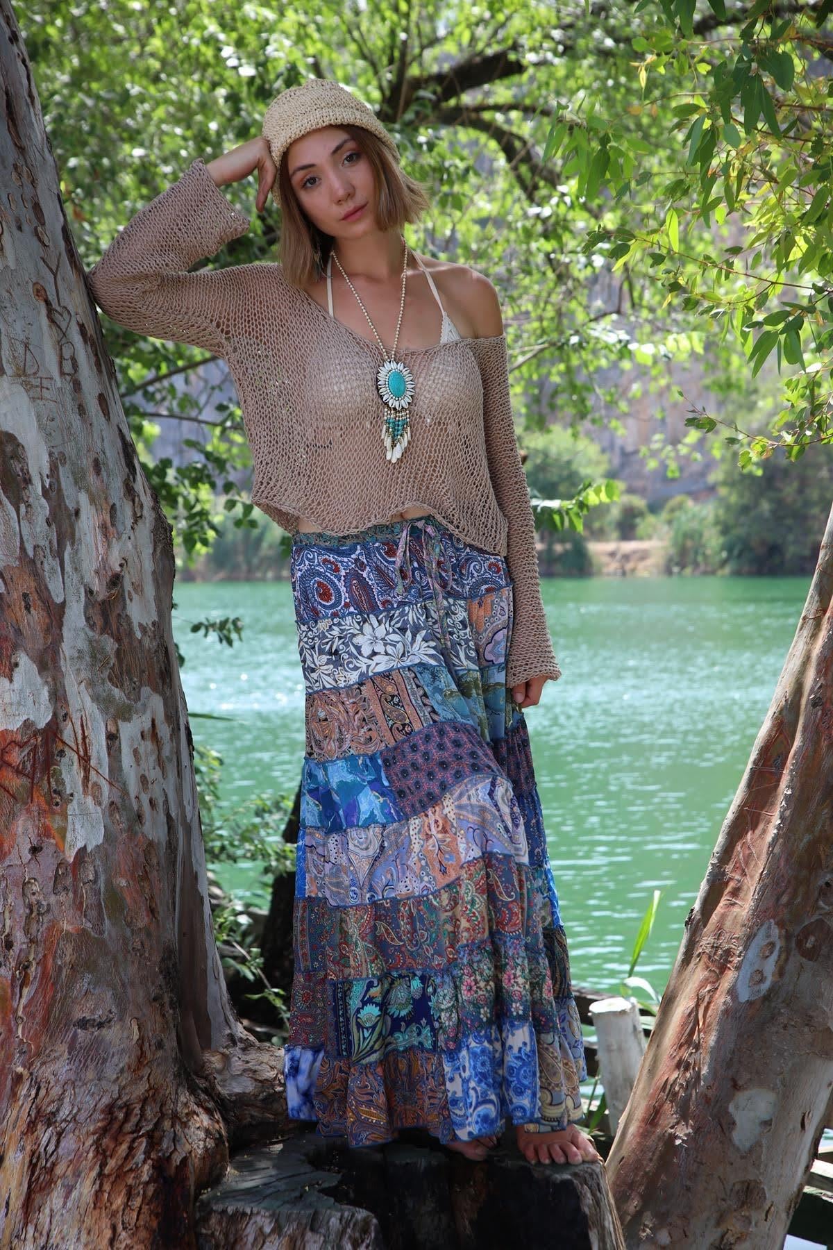 Renkli Patchwork Otantik İpek Etek - Şaman Butik Renkli Patchwork Otantik İpek Etek