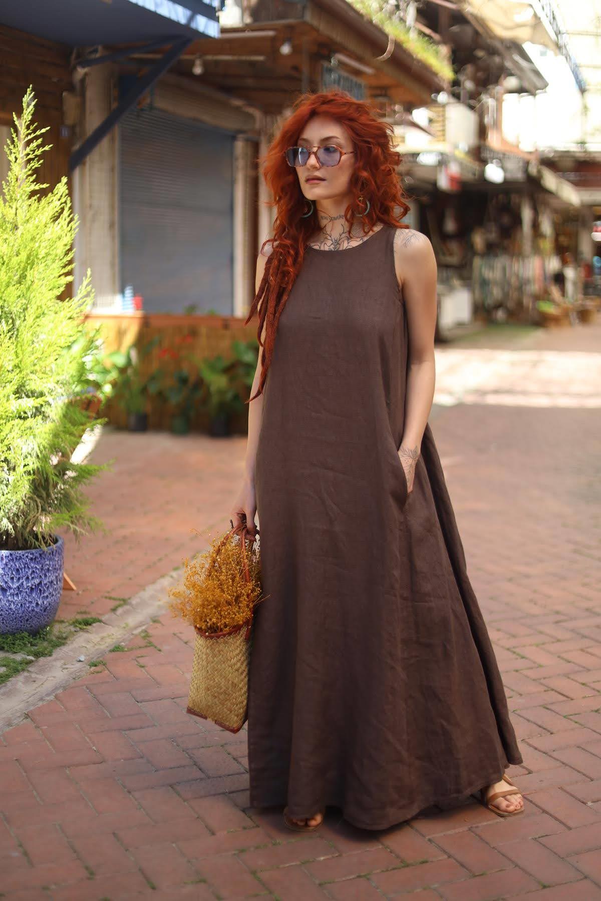 Kahverengi Bisiklet Yaka Cepli Kolsuz Keten Elbise