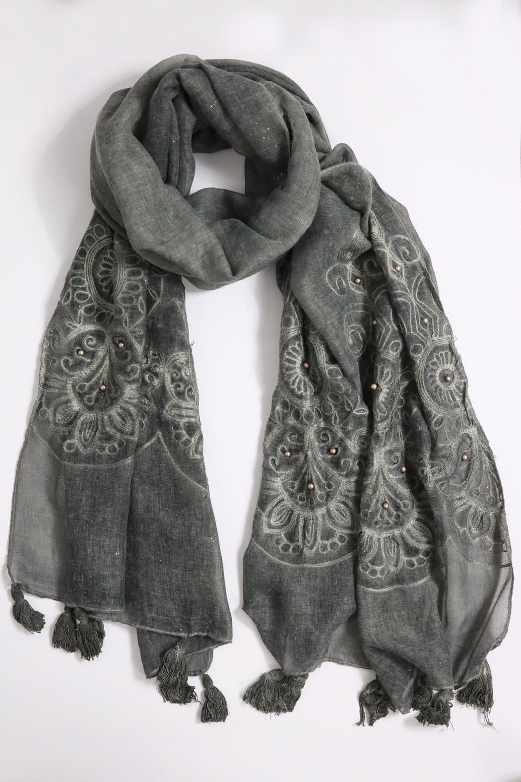 Yağ Yeşili Simli İnci İşlemeli Şal - Şaman Butik Yağ Yeşili Simli İnci İşlemeli Şal