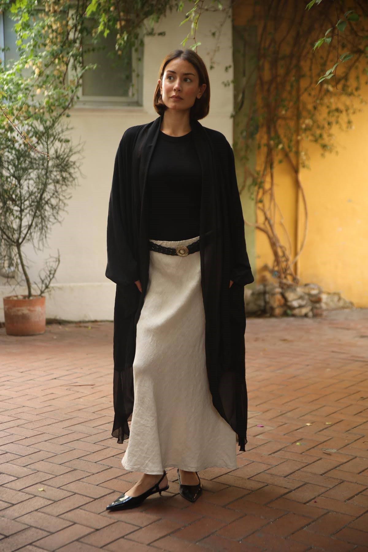 Siyah Yaka Detaylı Krinkıl Kaftan