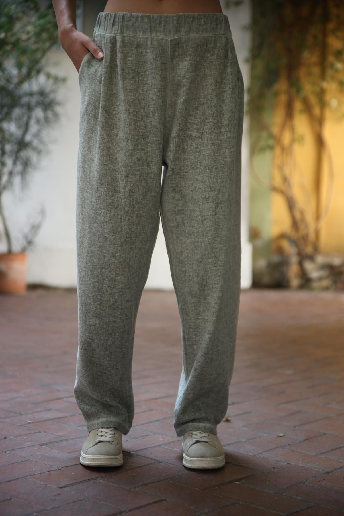 Haki Beli Pileli Keten Karışımlı Pantolon