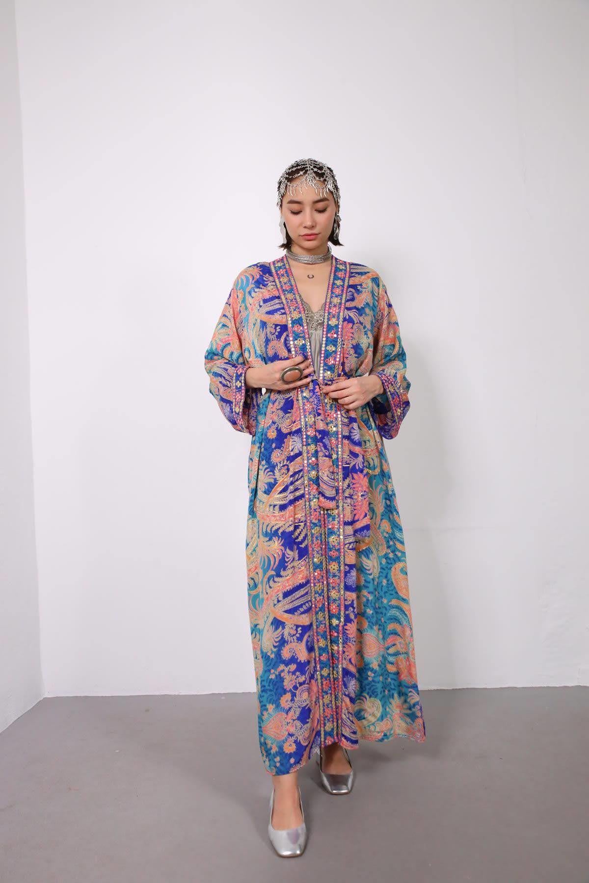  Mavi Ayna İşlemeli Otantik İpek Kimono