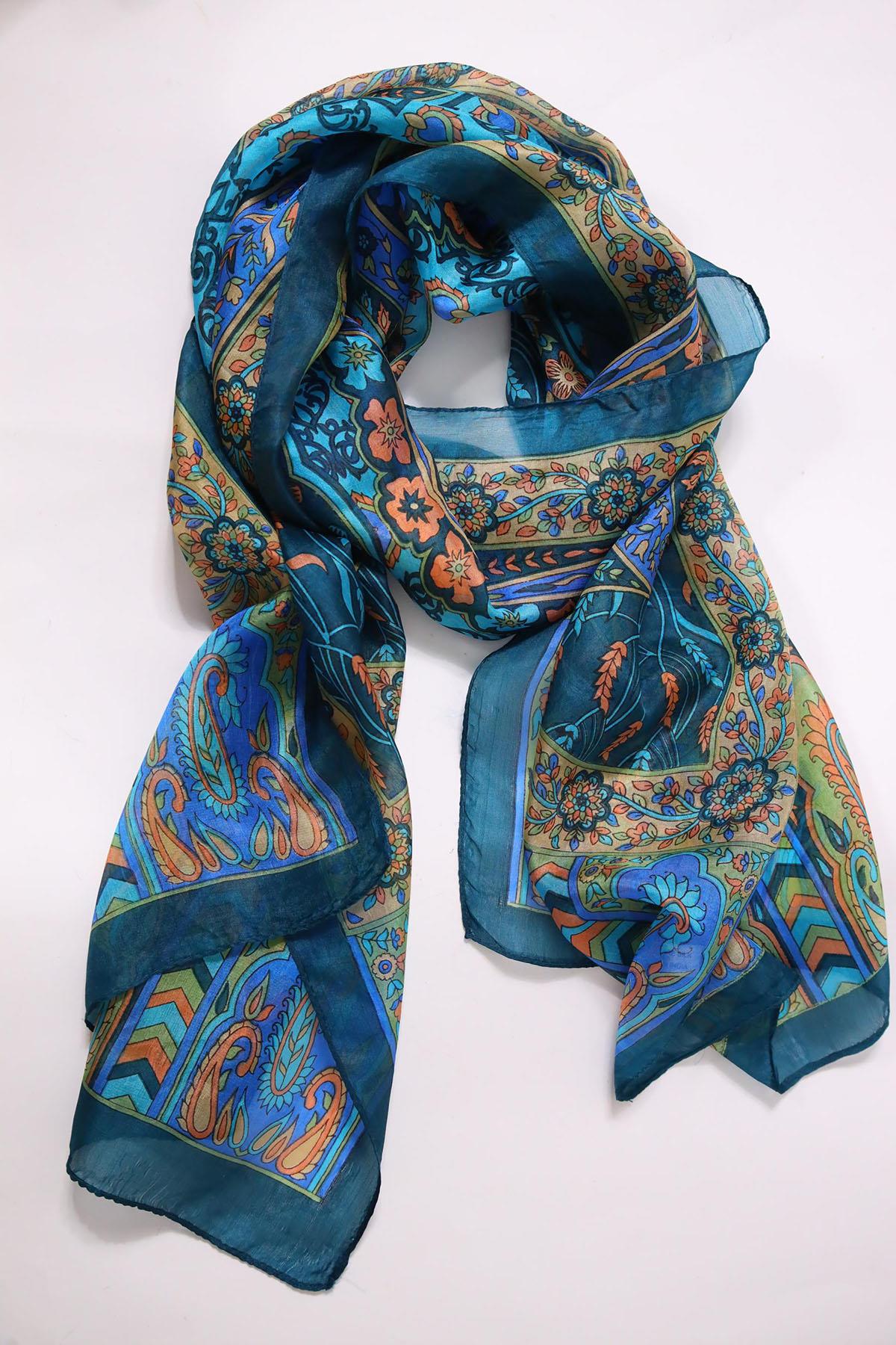  Petrol Yeşili Desenli İpek Şal