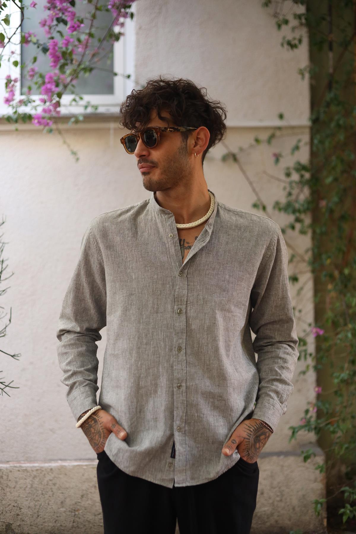 Gray Long Sleeve Men's Linen Shirt