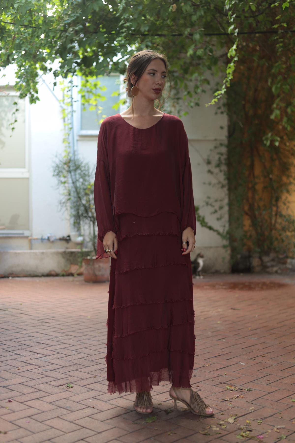 Bordo Bluz Detaylı Katlı İpek Elbise