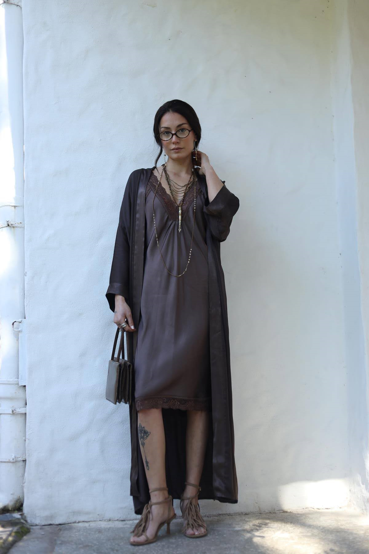 Kahverengi Saten Kimono