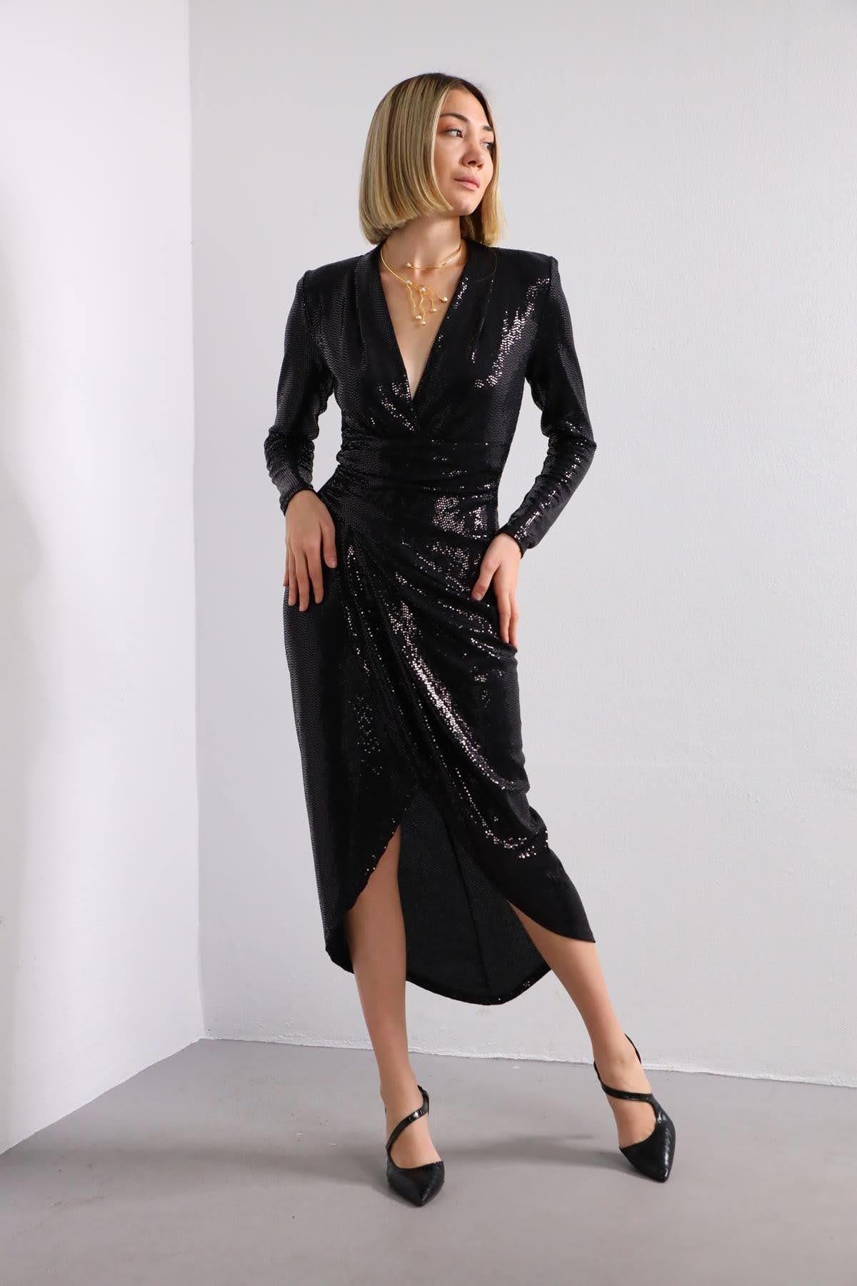 Siyah Beli Büzgülü Payetli Elbise - Şaman Butik Siyah Beli Büzgülü Payetli Elbise