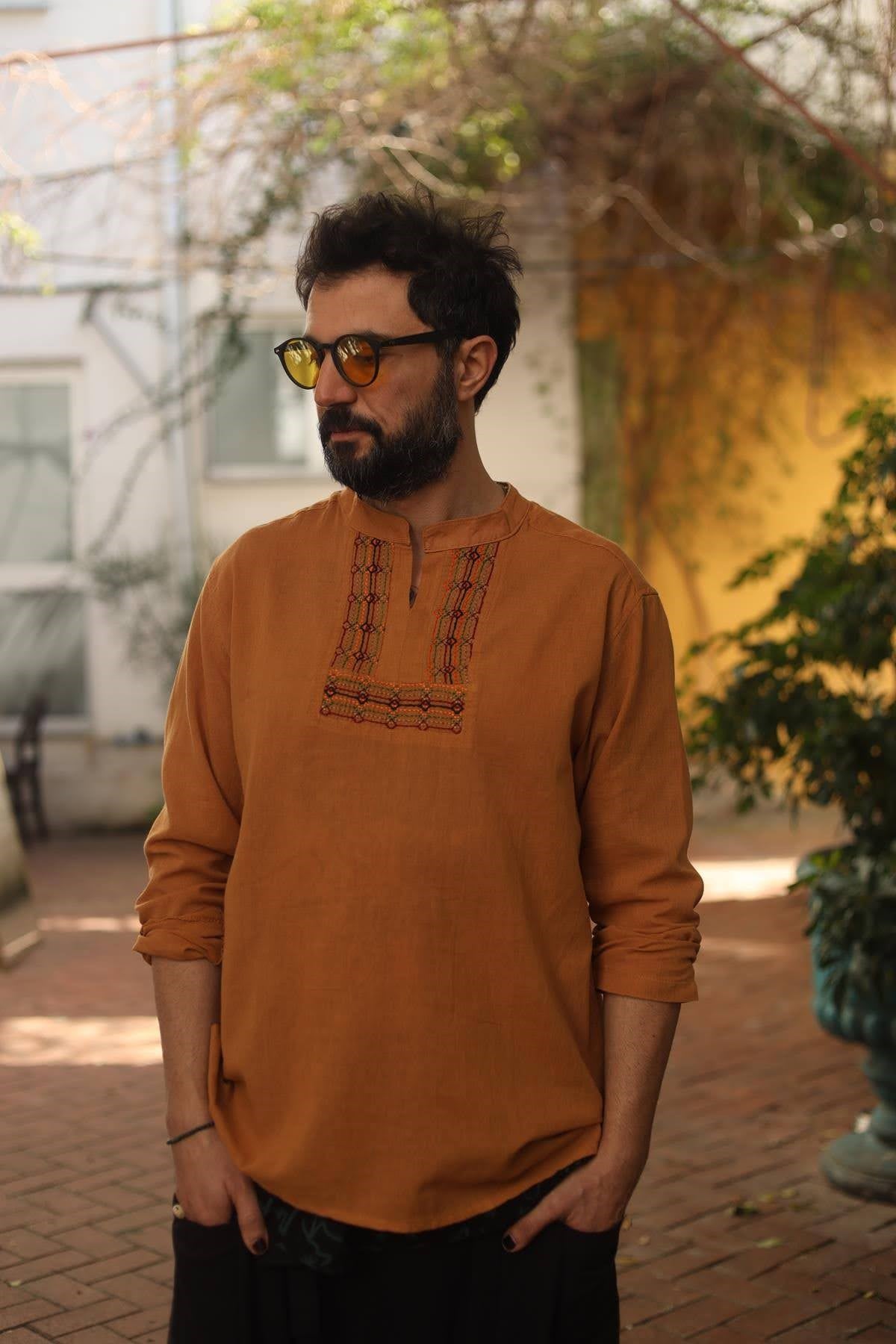 Mustard Mandarin Collar Embroidery Detail Cotton Shirt