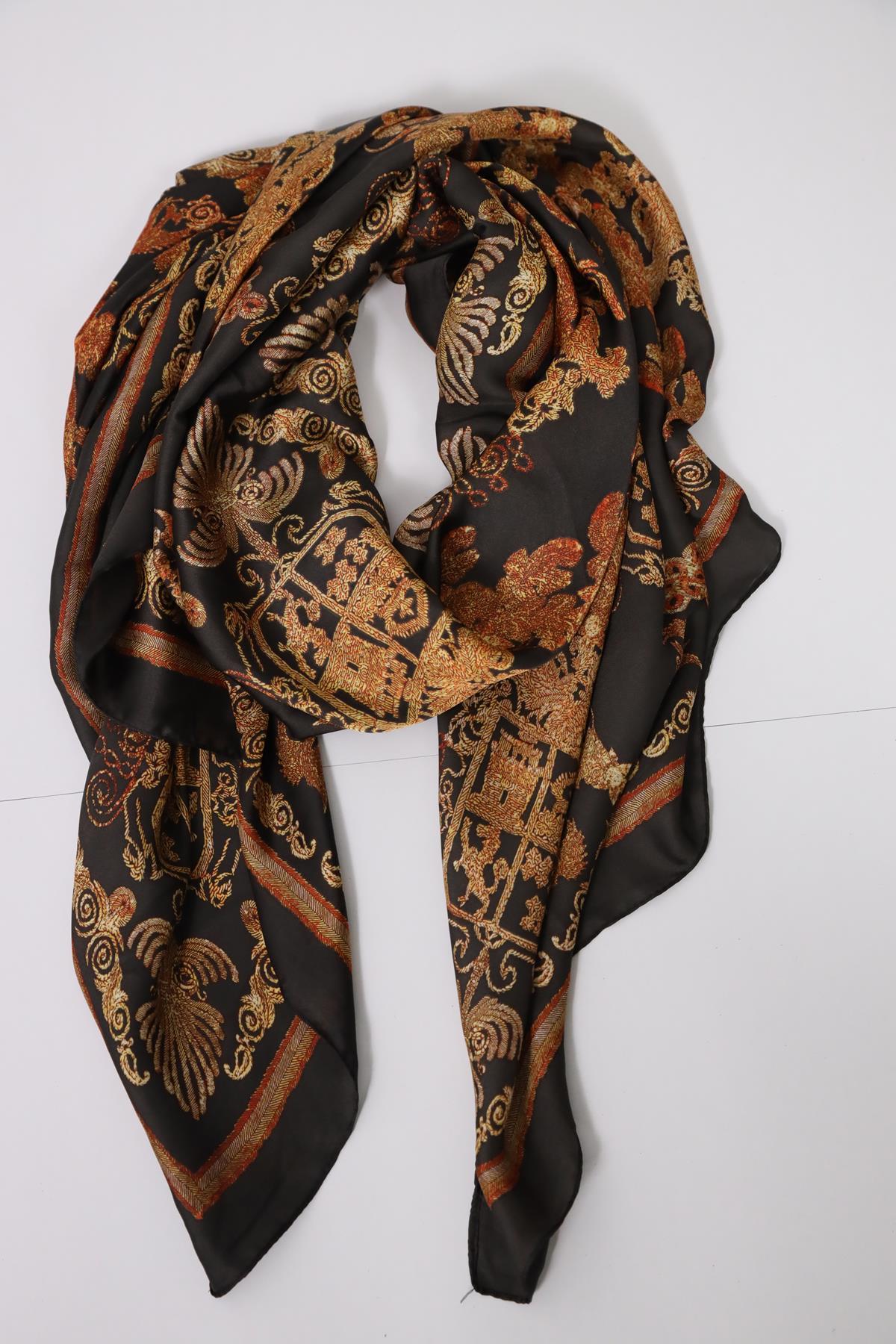 Antrasit Desenli Otantik İpek Şal - Şaman Butik Antrasit Desenli Otantik İpek Şal