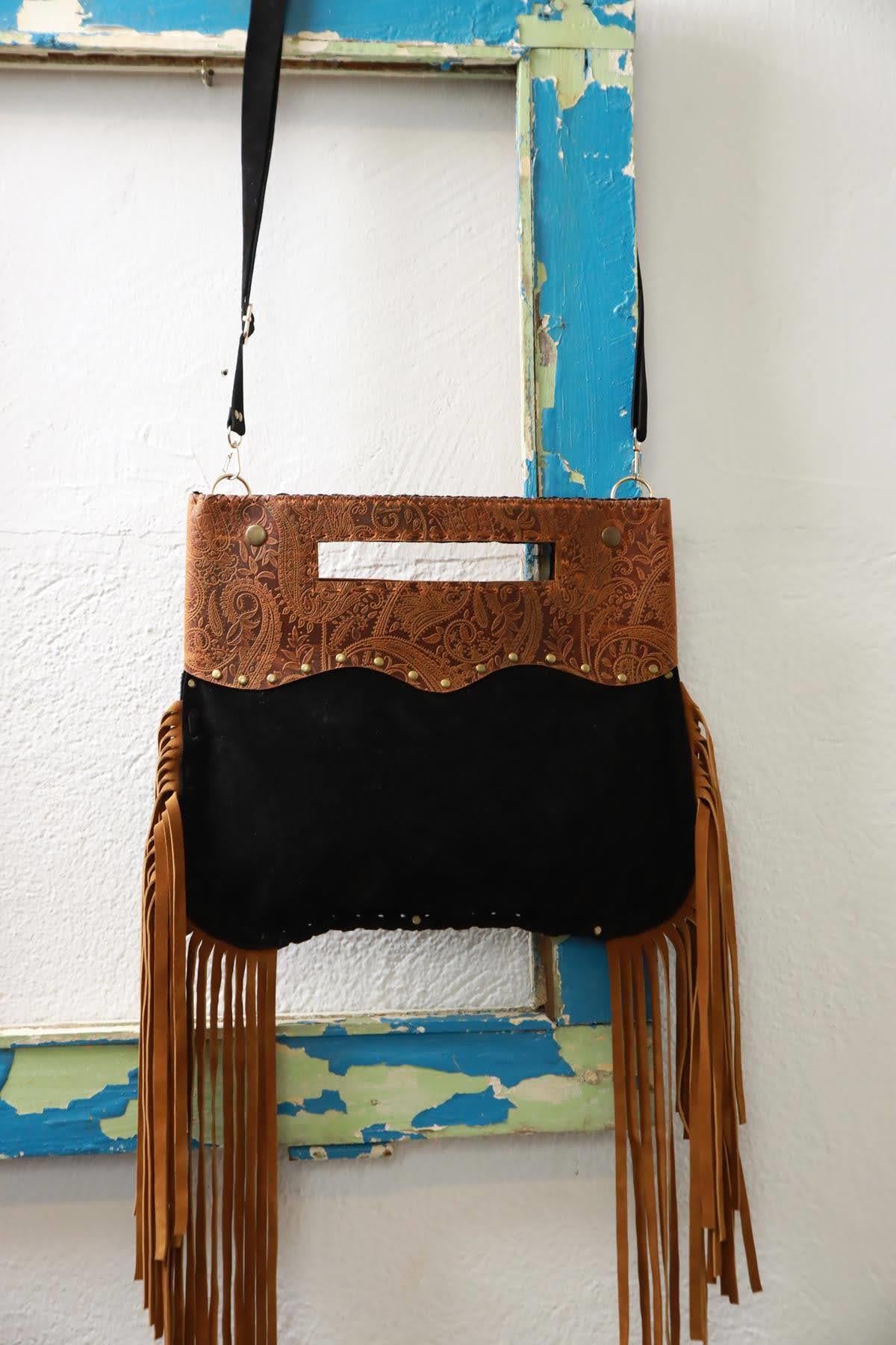 Black Embossed Leather Detailed Suede Bag