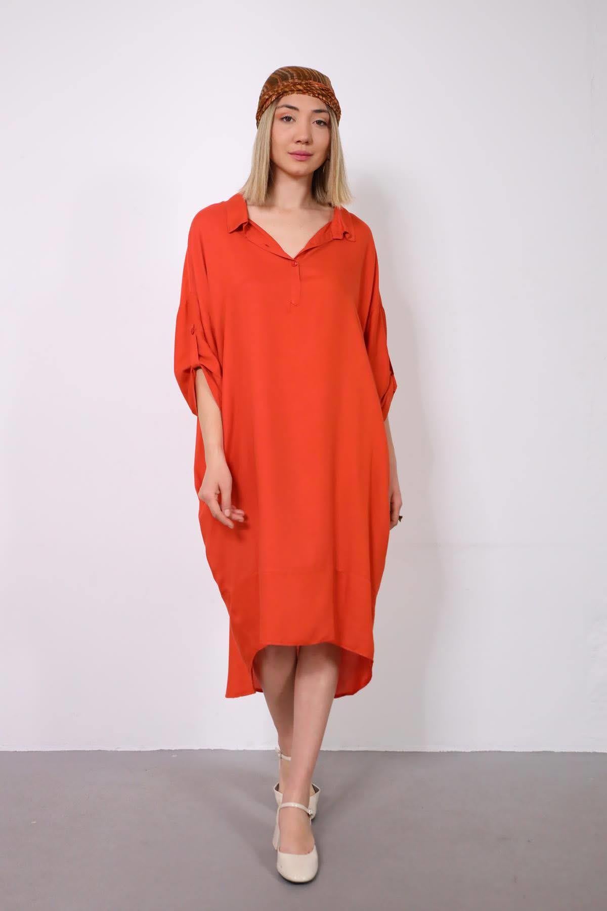 Yanık Turuncu Fitilli Arkası Halkalı Elbise - Şaman Butik Yanık Turuncu Fitilli Arkası Halkalı Elbise