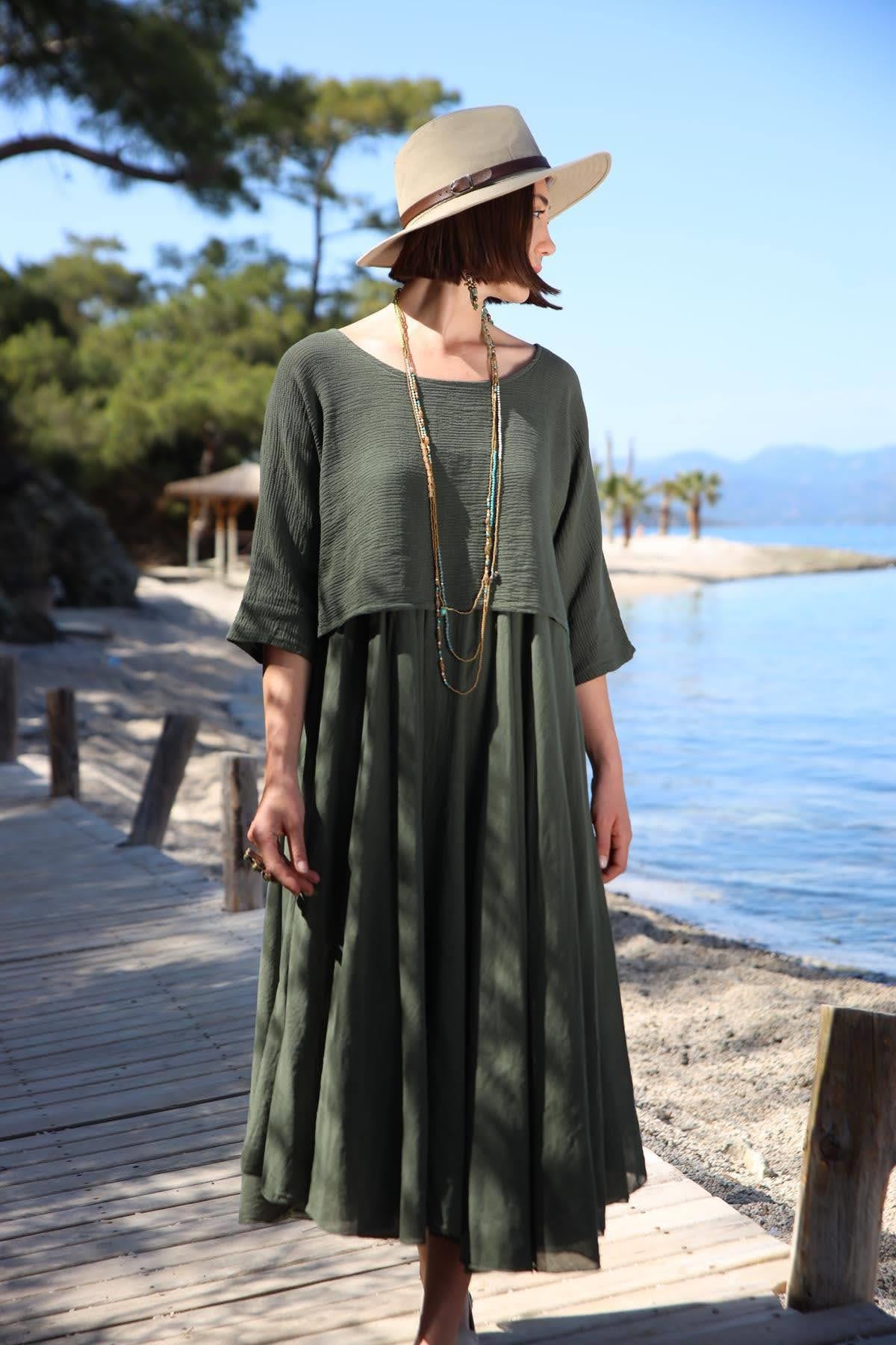 Koyu Haki Askılı Bluz Detaylı Elbise - Şaman Butik Koyu Haki Askılı Bluz Detaylı Elbise