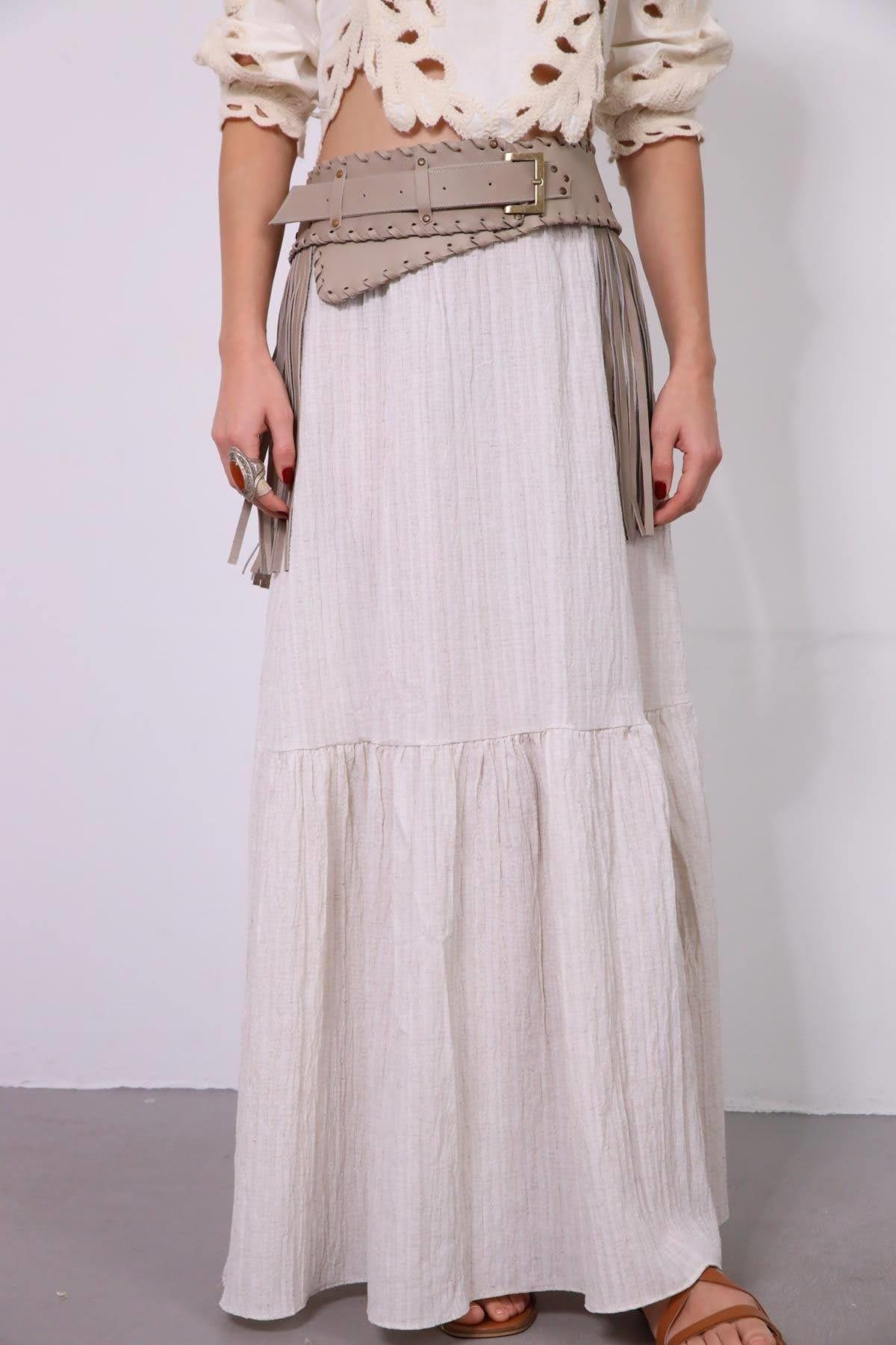  Krem Rengi Büzgülü Gofre Etek