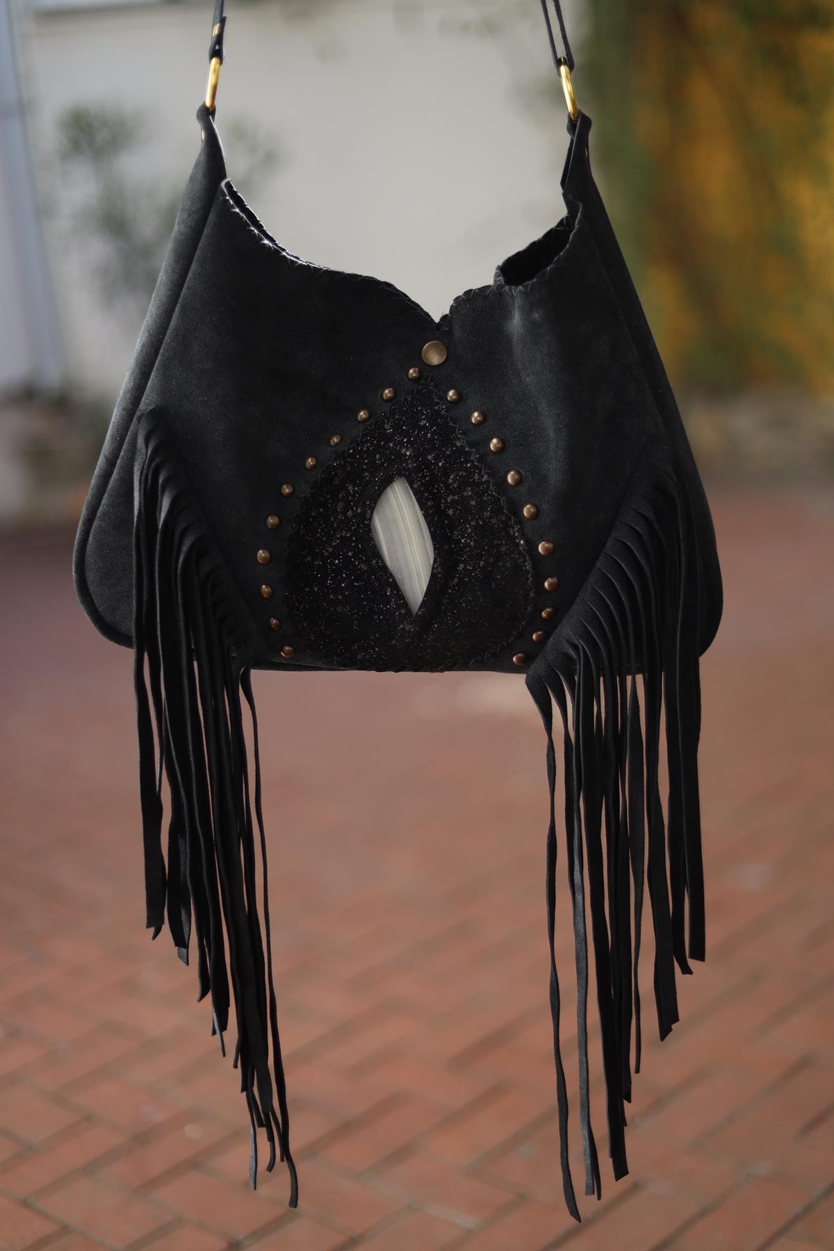  Anthracite Natural Stone Detailed Tasseled Leather Bag